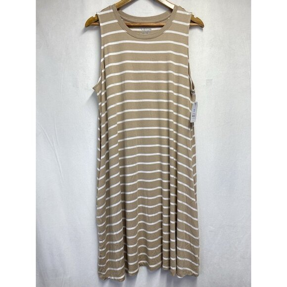 Time and Tru Sleeveless Knit Dress Women XXL (20) Beige Stripes Side Pockets New - Picture 1 of 13
